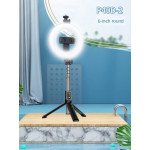 Wholesale 6 inch LED Light Slim Wireless Bluetooth Remote Extendable Selfie Stick with Tripod Stand Round Design (Black)